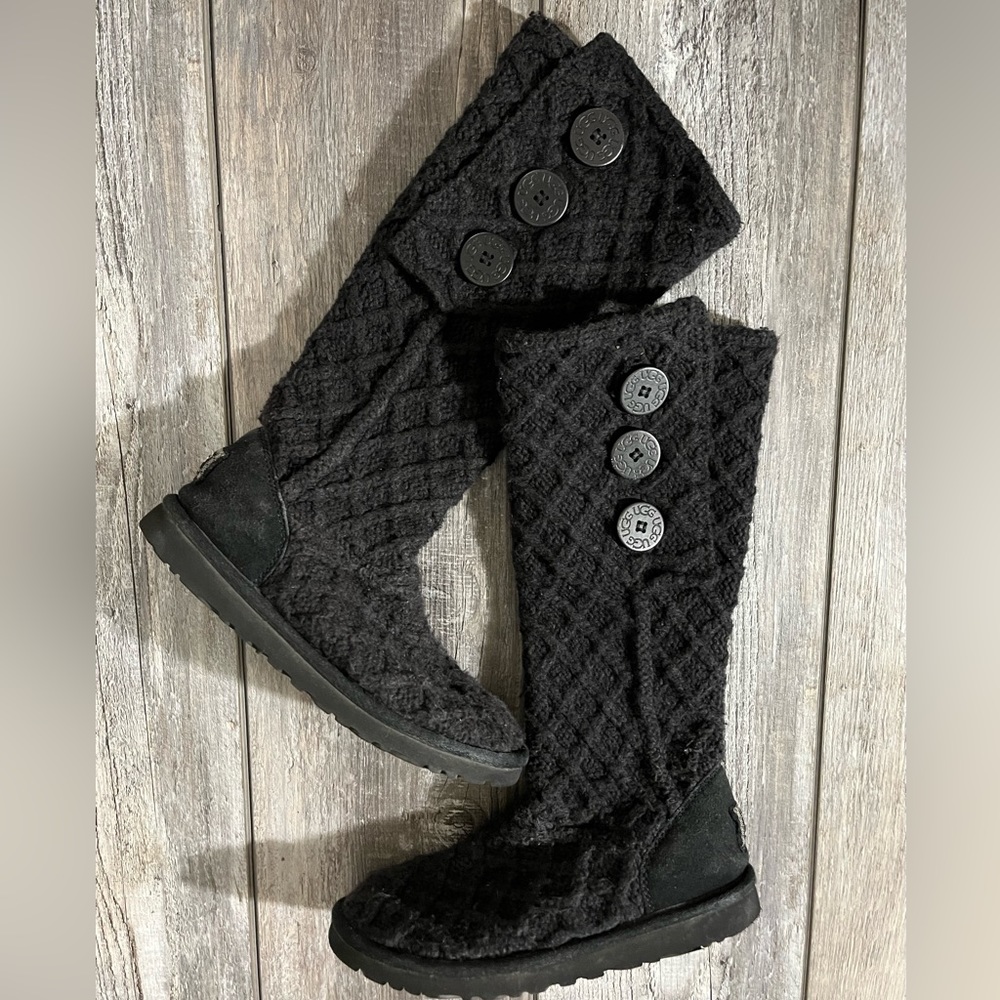 UGG Classic Cardy Black Cable Knit Sweater Boot Fold Up or Down - 6